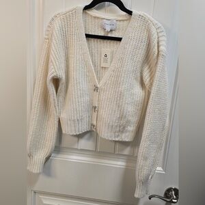 Pink Rose Cream Knit Cardigan with Rhinestone Bow Button Detail